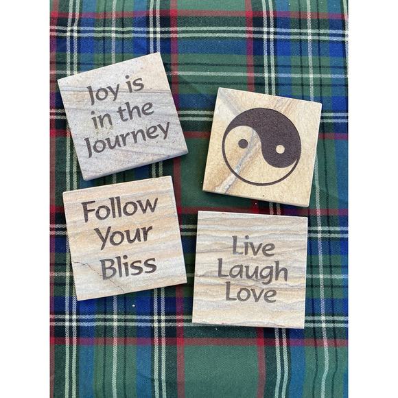 Set of 4 Yin Yang Good Vibes Cork-Backed Stone Coasters - Picture 1 of 6
